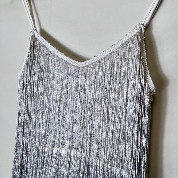 12th Tribe NWT Woman's Disco Fever Silver Fringe Sleeveless Mini Dress Size M - Picture 4 of 15